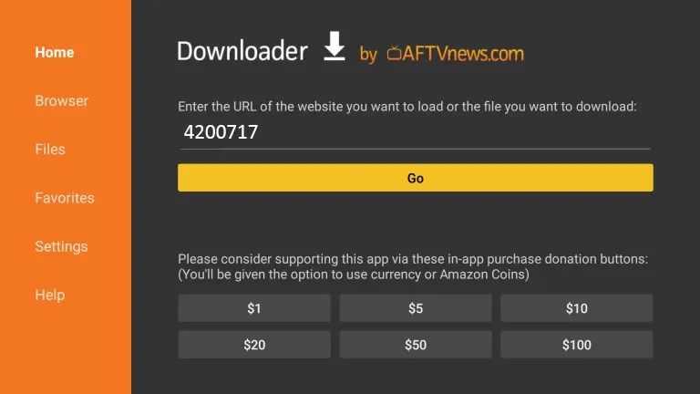 Downloader application on Amazon Fire TV Stick with the URL and code entry field