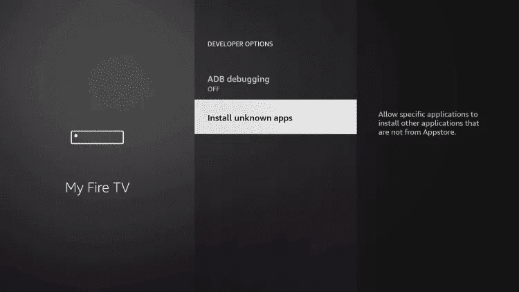 Fire TV developer options screen with the Install unknown apps setting highlighted