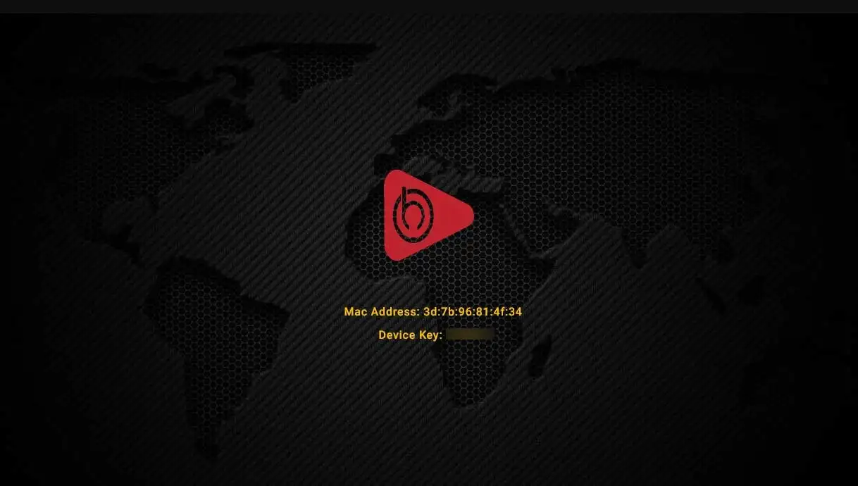 IBO Player start screen displaying the MAC address and device key